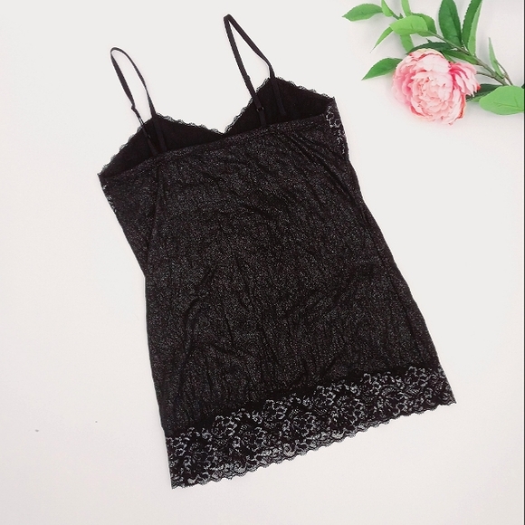 VANITY Y2k Glitter Accented Lace Trim Black Crinkled Stretch Fabric Cami M - Picture 5 of 10